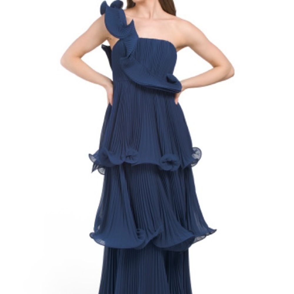 Badgley Mischka Blue One Shoulder Peplum Gown